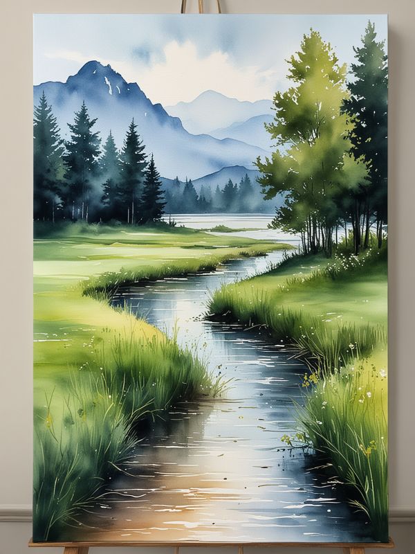 Hand-painted canvas watercolor landscape