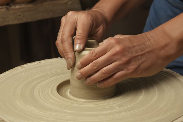 Hands creating pottery on wheel