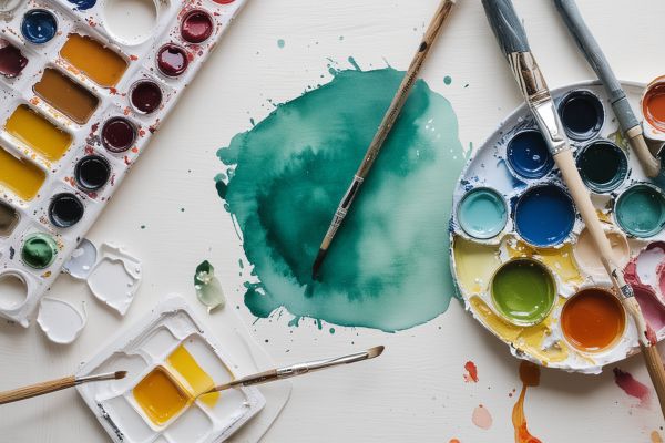 Watercolor painting supplies including brushes and paints