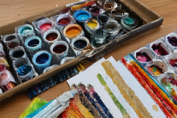 Colorful art materials and mixed media supplies on a table