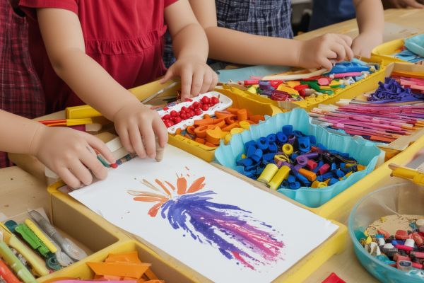 Children creating art with colorful materials