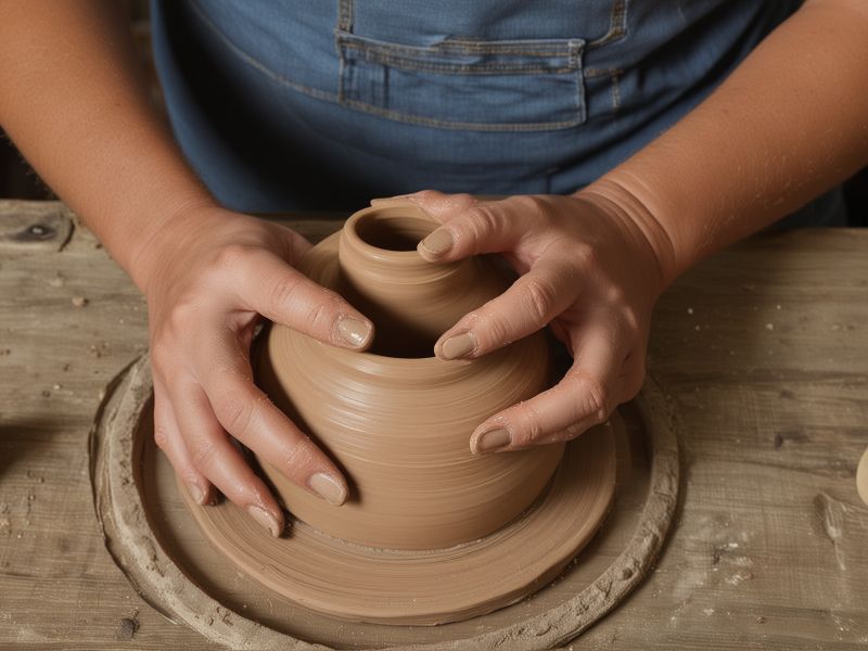 Hands creating pottery art in workshop