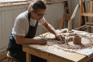 Artist working with clay in studio