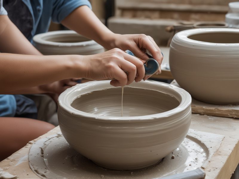 Pottery glazing workshop with colorful ceramic pieces