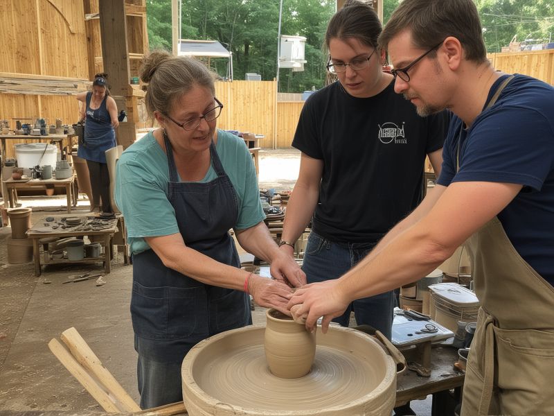 Wheel throwing pottery class with instructor guidance